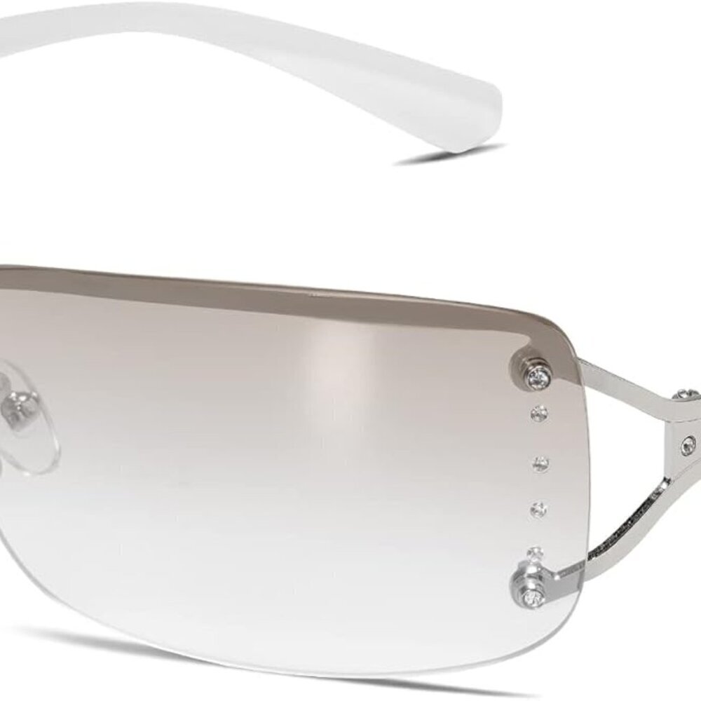 Women Rimless Rectangle Sunglasses White Frame and Lens UV Protective